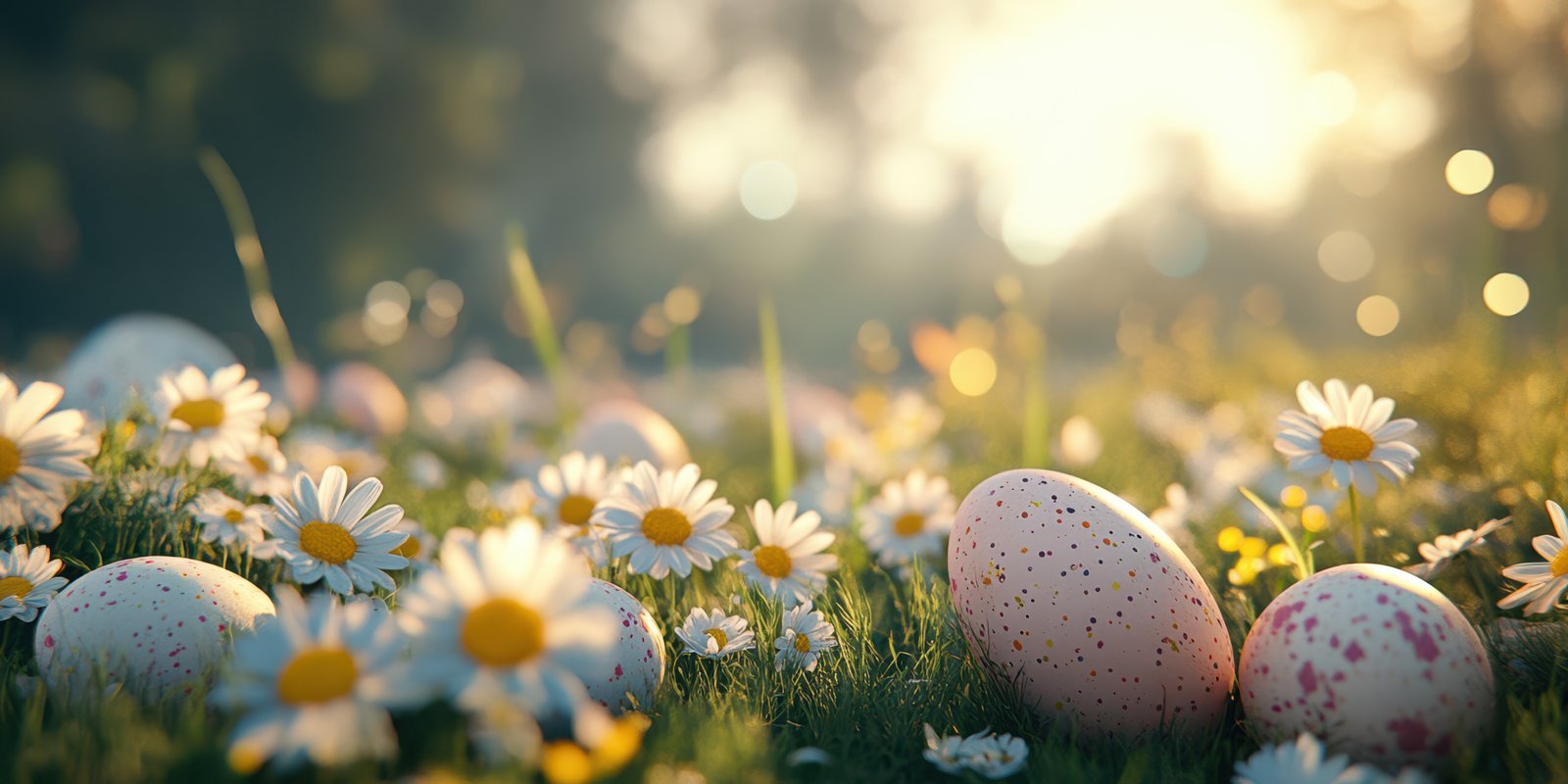 Colorful Easter eggs hidden among daisies in a sunlit meadow during springtime